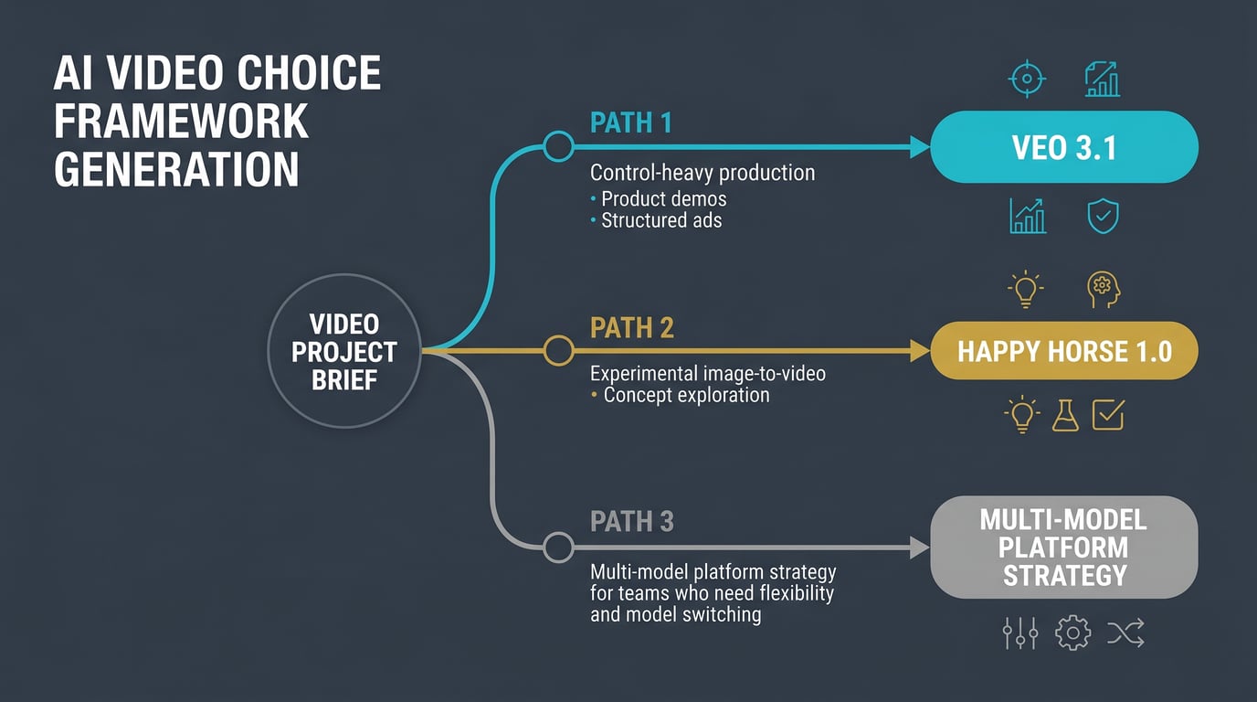 Workflow decision diagram showing when to choose Veo 3.1, when to test Happy Horse 1.0, and when to use a multi-model AI creation platform