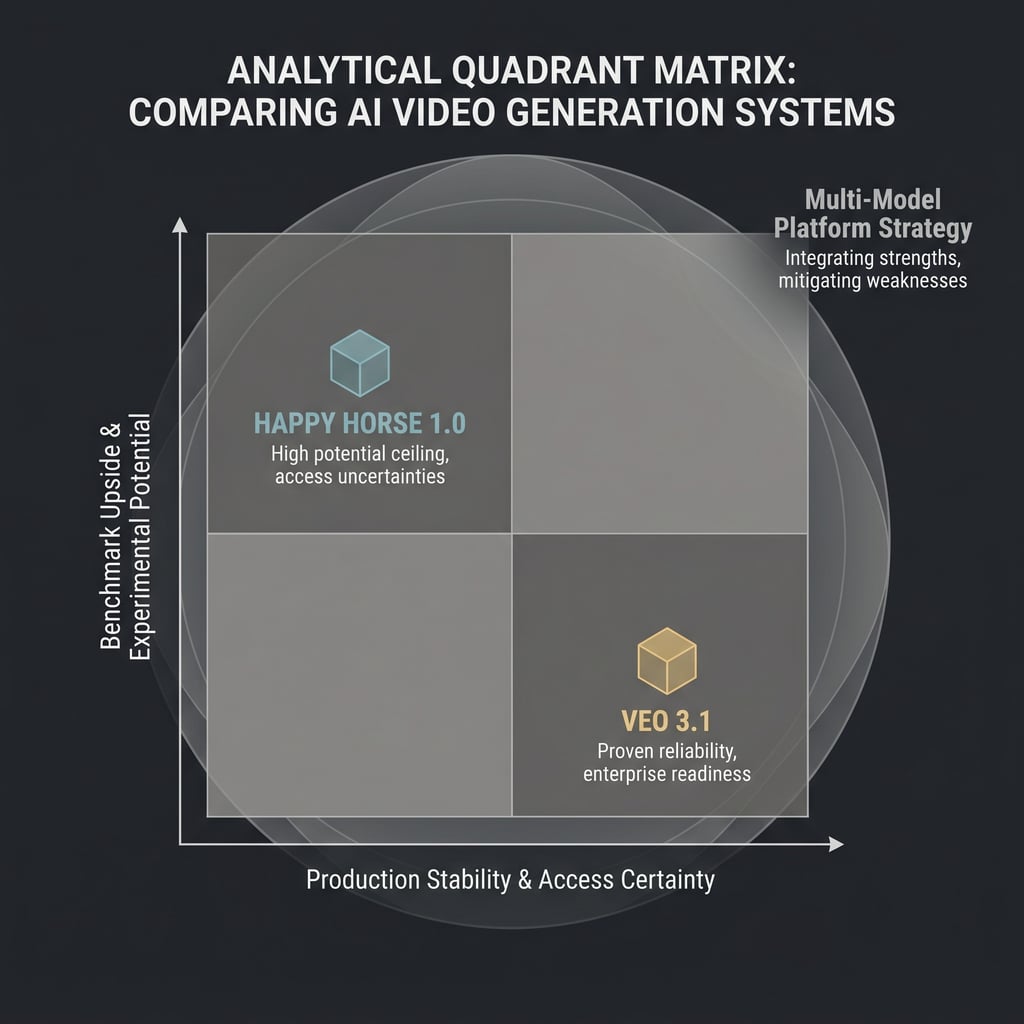 Quadrant matrix placing Happy Horse 1.0 and Veo 3.1 across experimental upside, access certainty, and production readiness