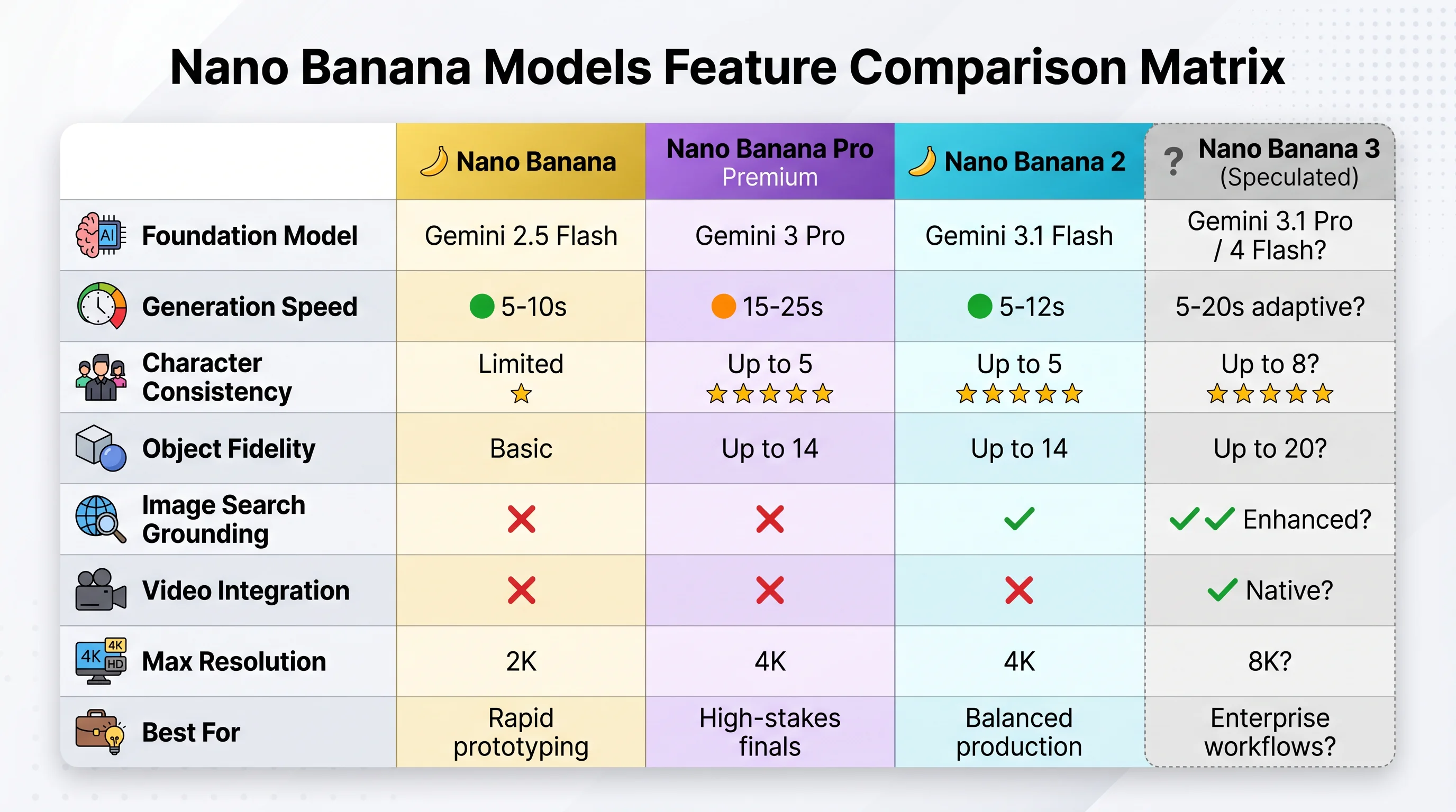 Feature comparison matrix across all Nano Banana versions