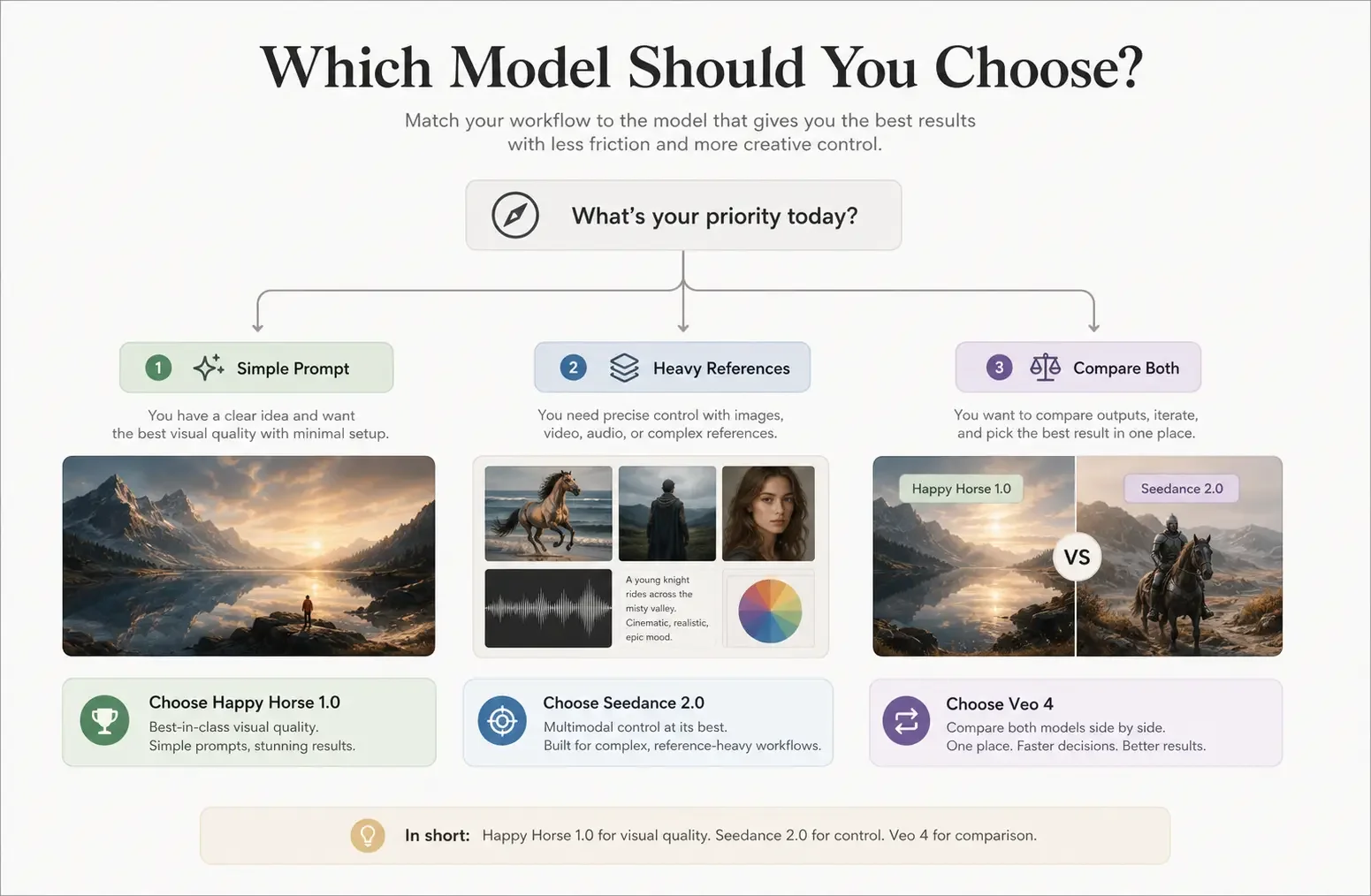 Editorial decision tree showing when to choose Happy Horse 1.0, when to choose Seedance 2.0, and when to compare both on Veo 4